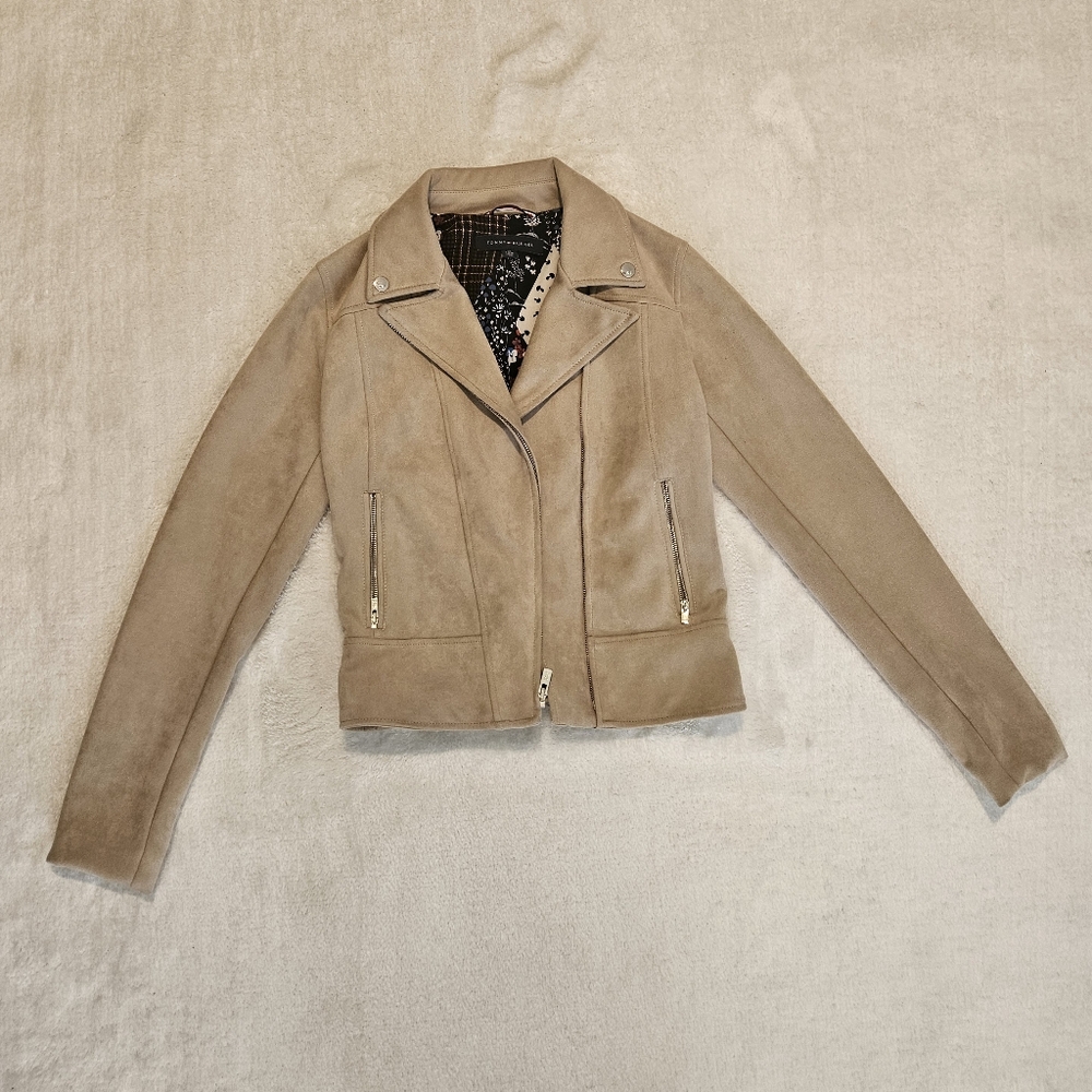 NEW Tommy Hilfiger Leather Suede Beige Biker Jacket Size XS Neutral Moto Luxury - Picture 2 of 9